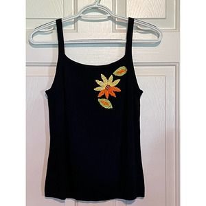 Joseph A. Women's Black Tank Top Embroidered Flower‎ Size L 21" Long x 17" PTP